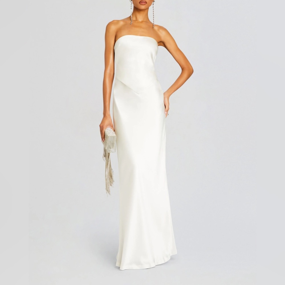 Retrofete Strapless White Satin Column Gown